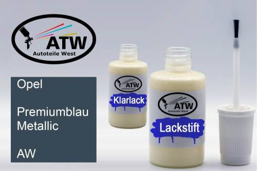 Opel, Premiumblau Metallic, AW: 20ml Lackstift + 20ml Klarlack - Set, von ATW Autoteile West.